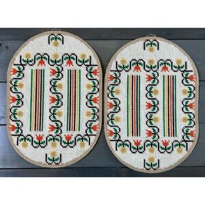 Vintage Boho Oval Handmade Needle Point Place Mats Plastic Canvas Orange Brown